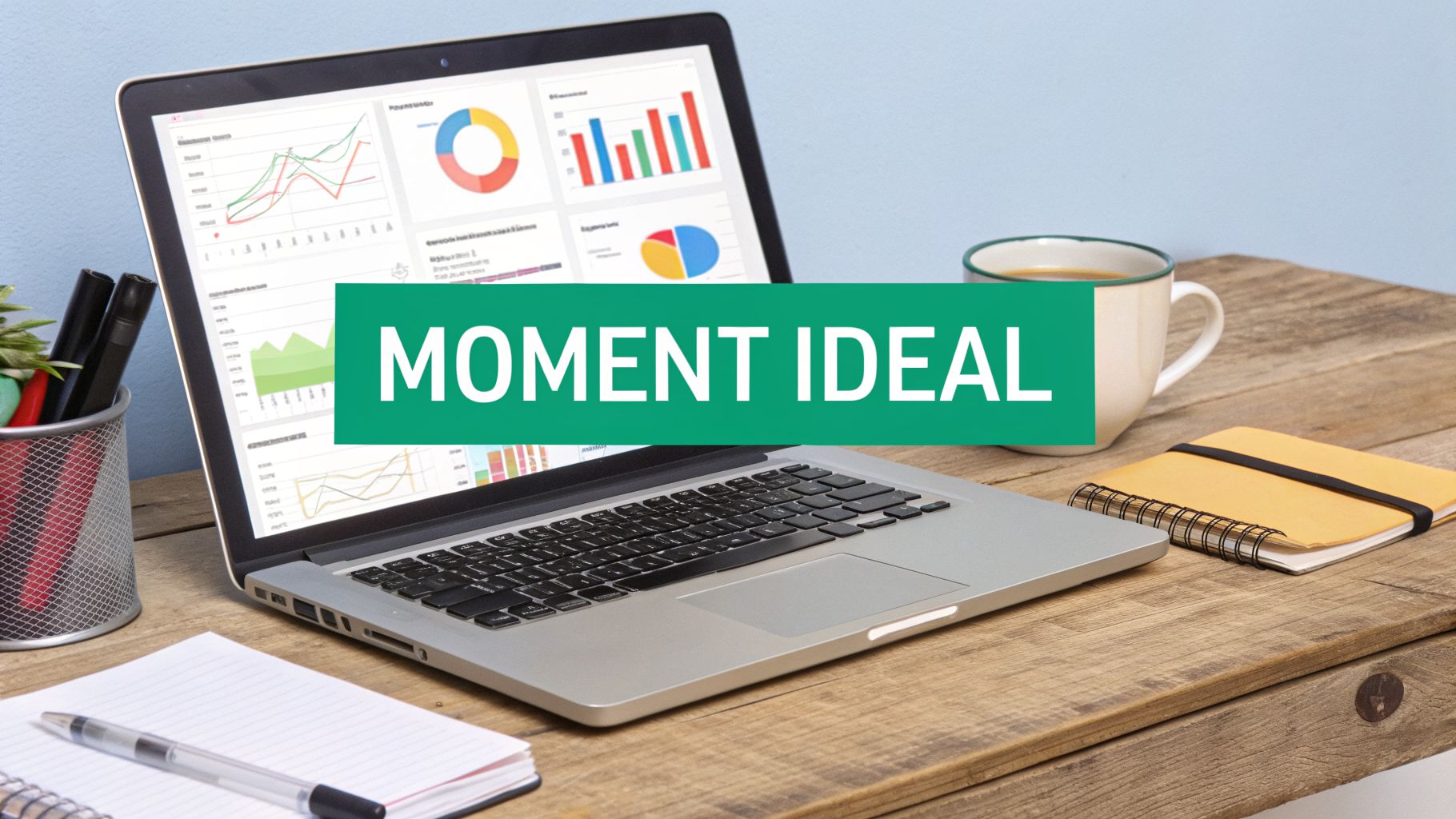Espace de travail productif avec ordinateur portable et une tasse de café sur un bureau en bois. Bannière: 'MOMENT IDEAL'.