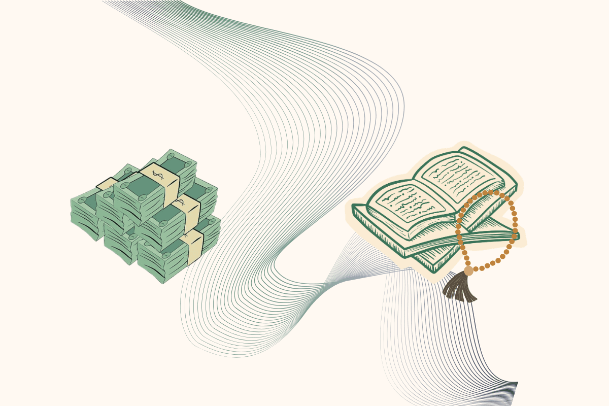 An illustration shows a large stack of paper currency on the left and an open book with a strand of prayer beads and a tassel on the right, all on a pale cream background with flowing grey abstract lines. The bills are in green and beige, and the book is in teal and beige with beige beads and a brown tassel.