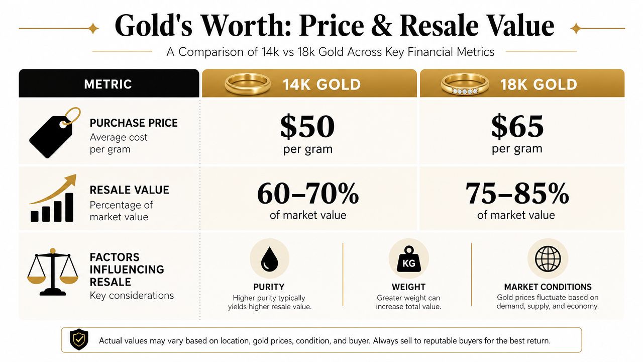 A comparison chart showing price and resale value differences between 14k and 18k gold for investors.