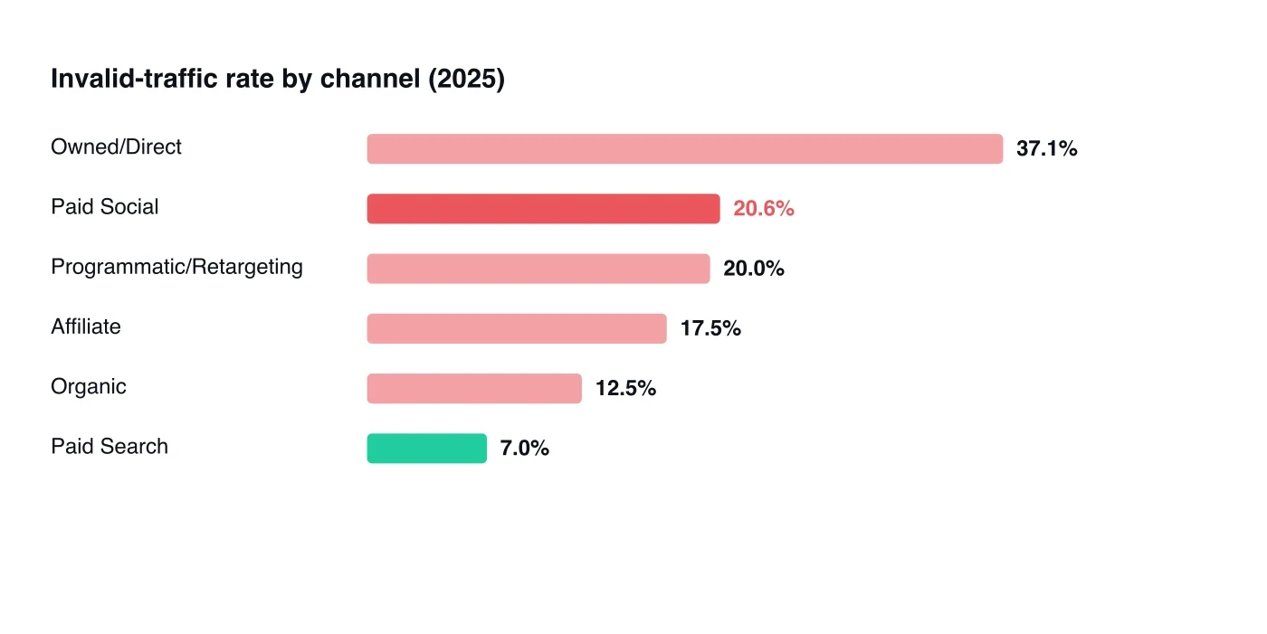 Invalid-traffic rate by channel in 2025: Owned/Direct 37.1%, Paid Social 20.6%, … Source: fraud0 Unmasking the Shadows 2025