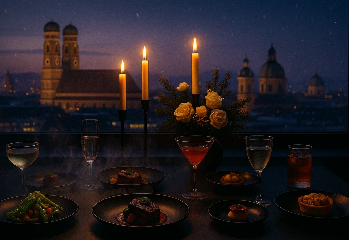 A dimly lit table set with assorted dishes, candles, and an atmospheric smoke, creating a mysterious vibe.