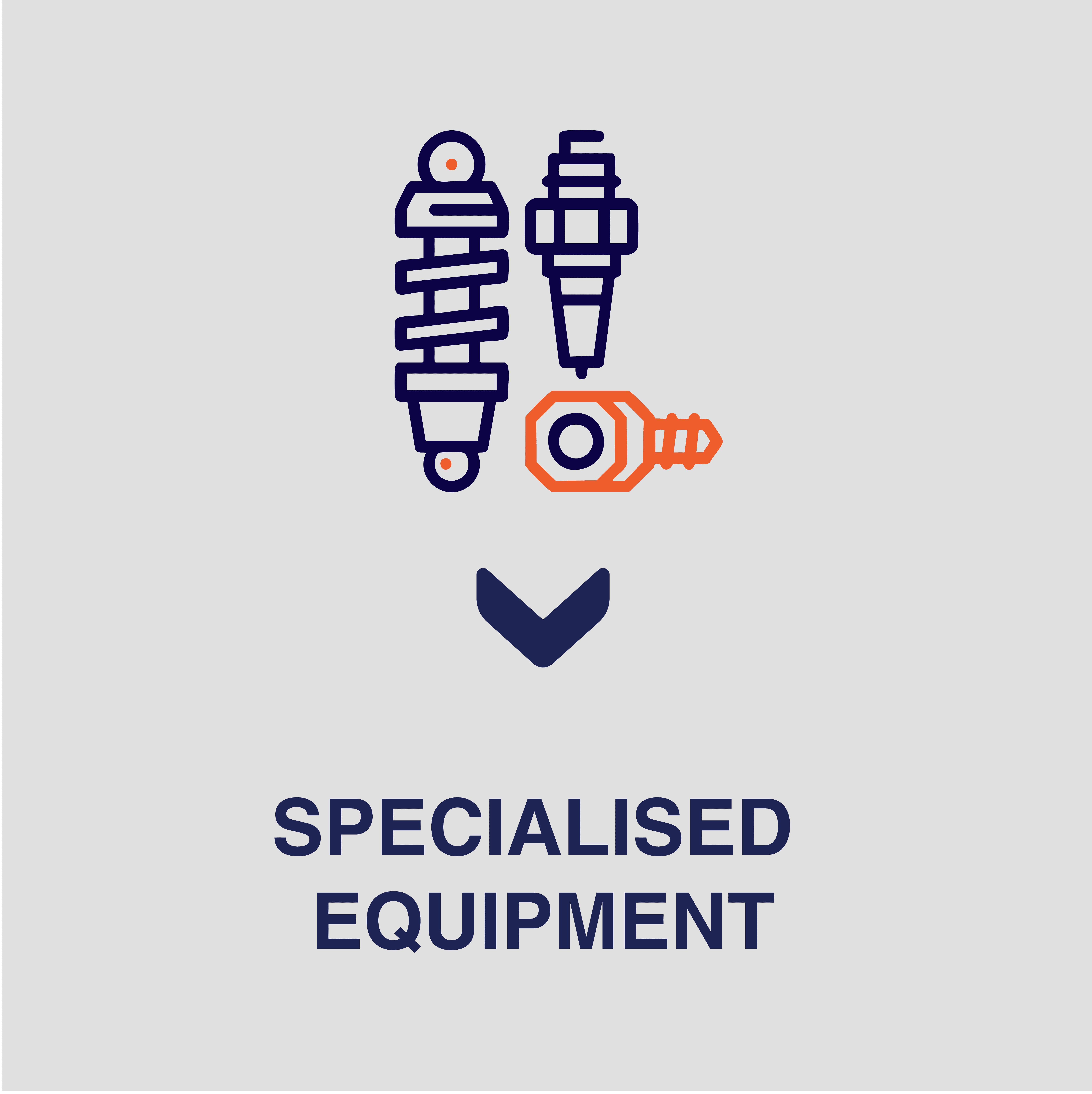 icon of blue nuts and bolts on a white background with text that says specialised equiptment