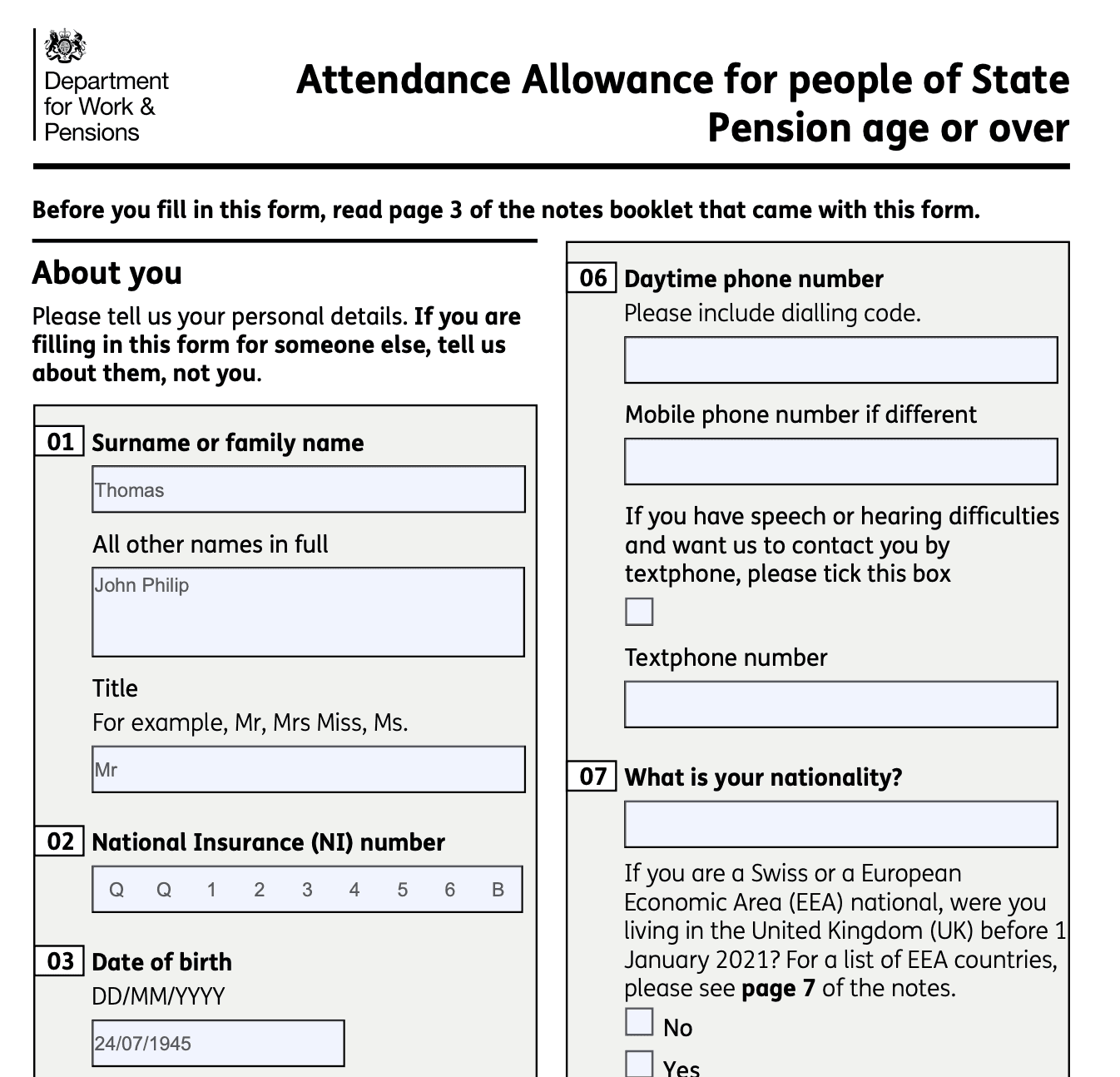 Official Attendance Allowance form supported by Barnab’s application service.