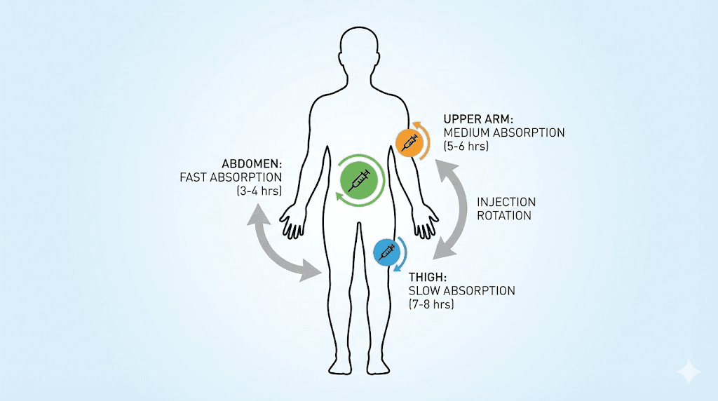 GLP-1 injection sites showing abdomen thigh and upper arm with absorption speed comparison