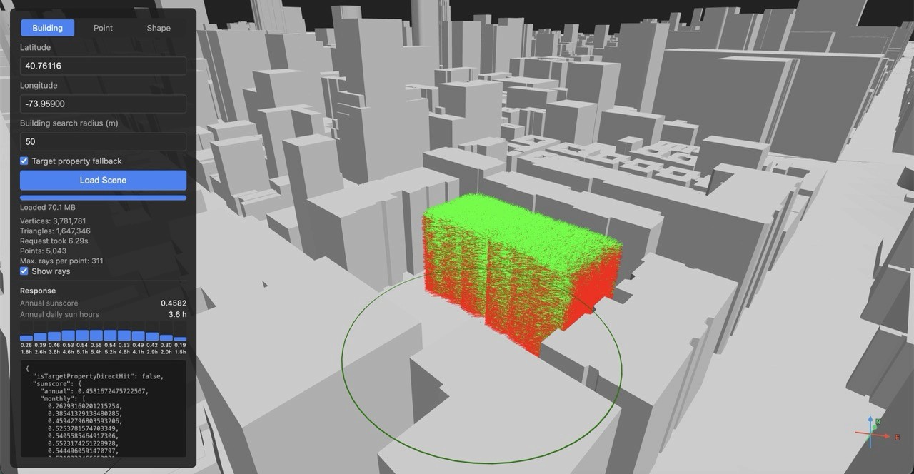 Sunscore 3D sunlight solar data sunshine hours real estate property search platform integration