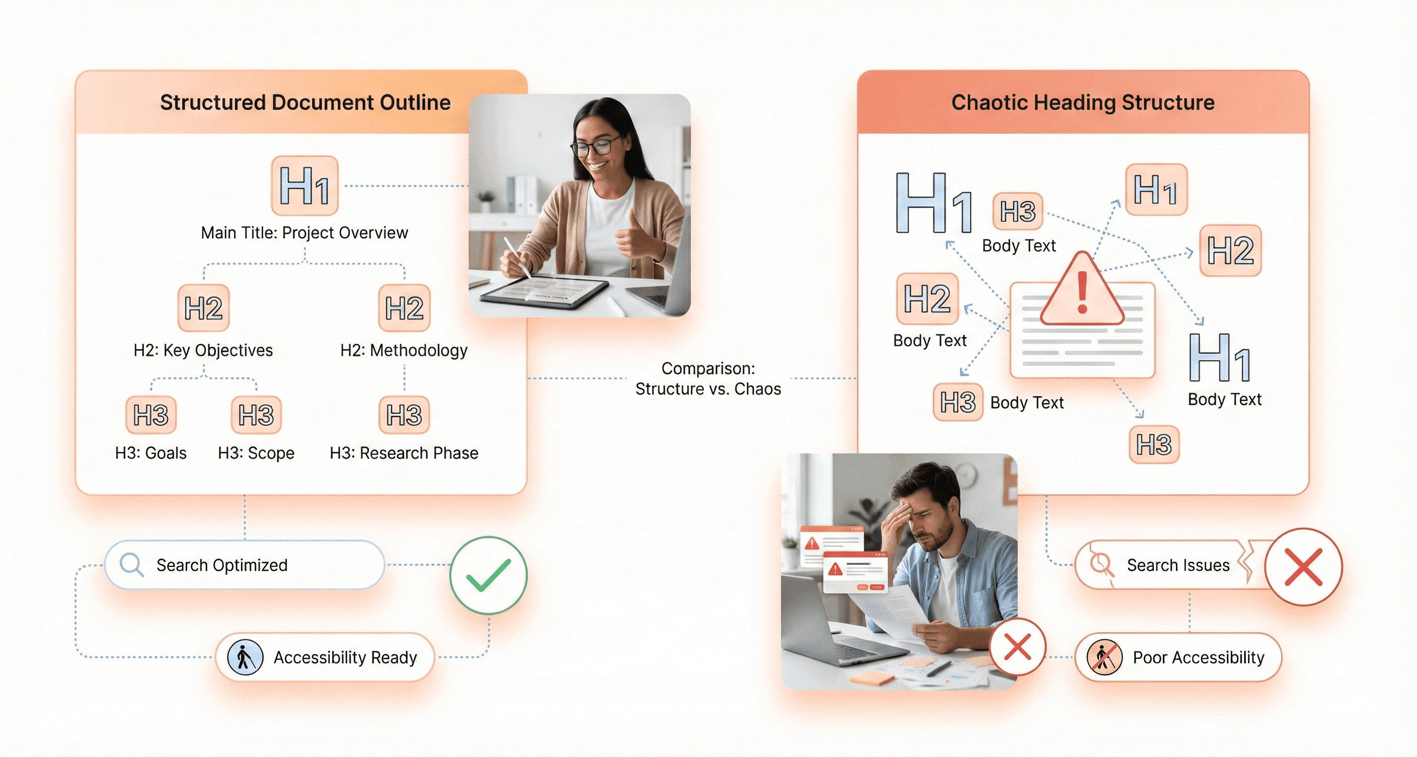 Improper HTML heading structure affecting SEO rankings, accessibility compliance, and screen reader navigation