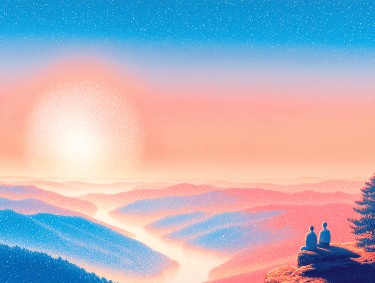 Two people sit on a cliff overlooking a misty valley at sunrise.