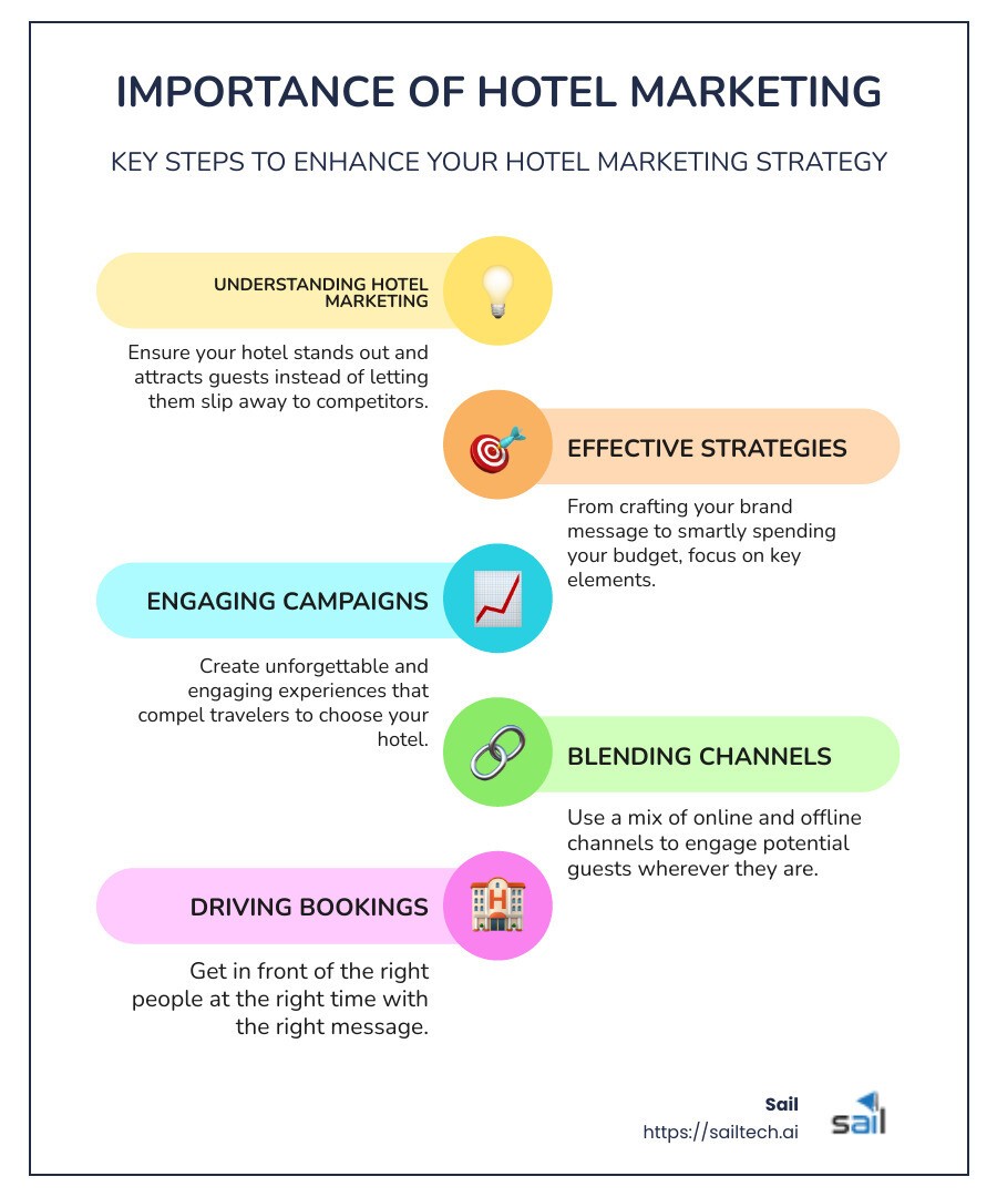 Table with hotel marketing tips and steps - Hotel Marketing infographic infographic-line-5-steps-colors