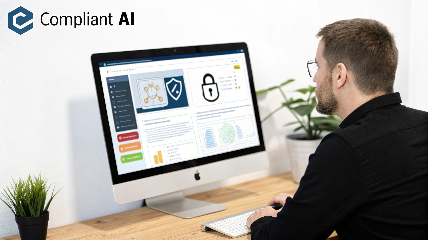 Man working on a desktop computer showcasing Compliant AI dashboard for security and compliance.