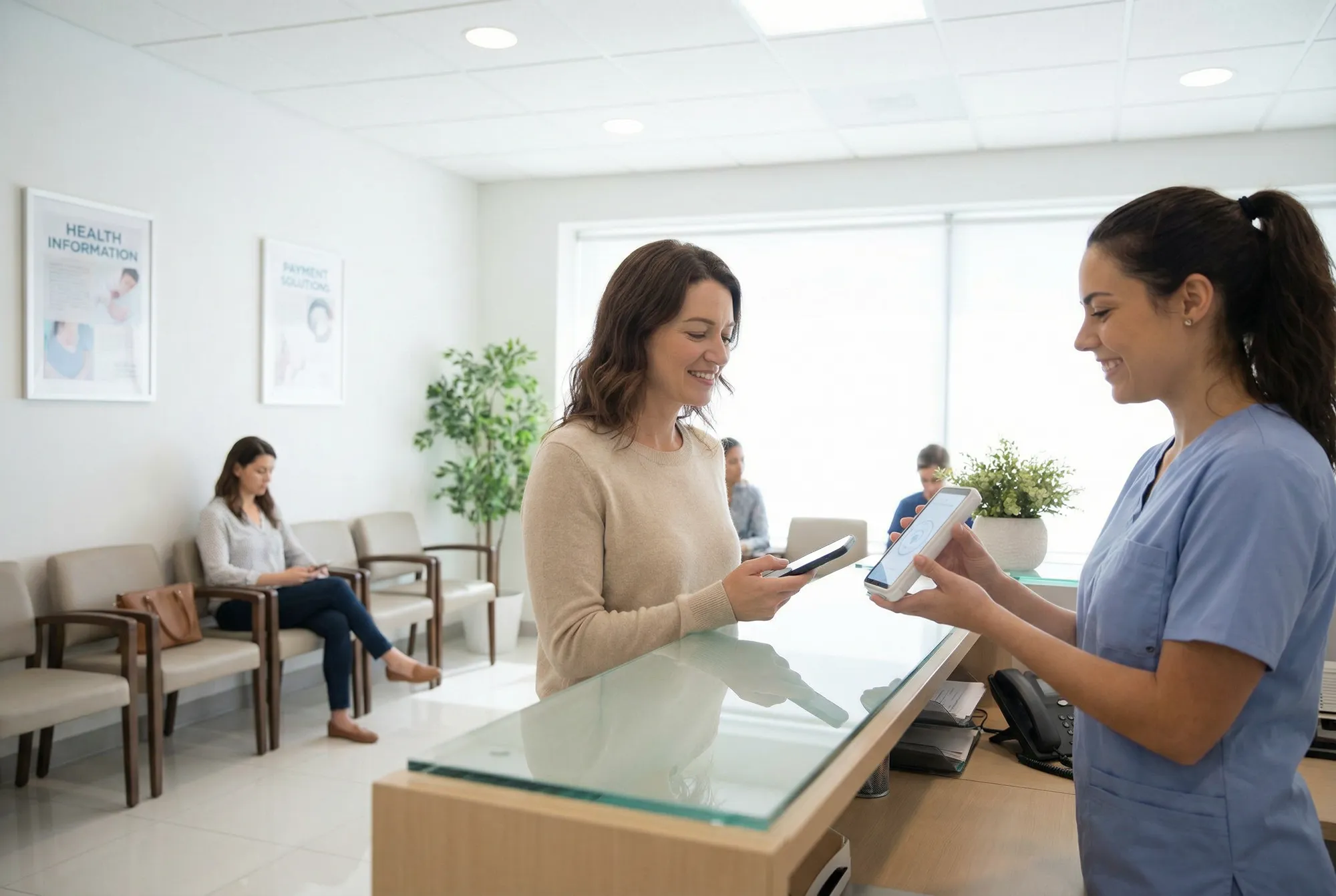 Patient checking in at a clinic reception desk with a receptionist in scrubs; waiting room visible in the background