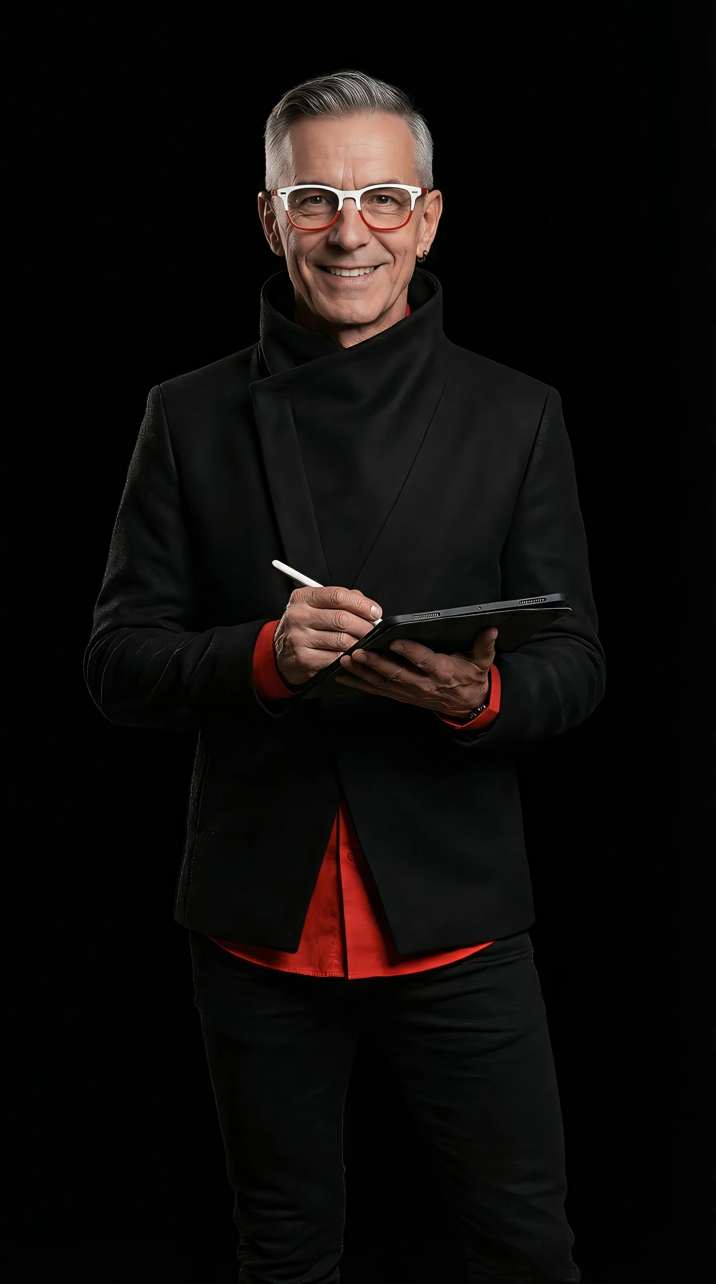 Porträt einer digitalen KI-Persona in einem futuristischen Raumanzug in Schwarz und Weiß, die für strategische UX-Beratung und Business-Coaching steht.