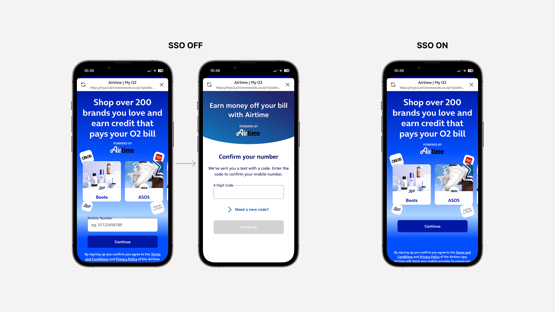 Three mobile screens comparing onboarding with SSO off versus SSO on for the Airtime x O2 flow.