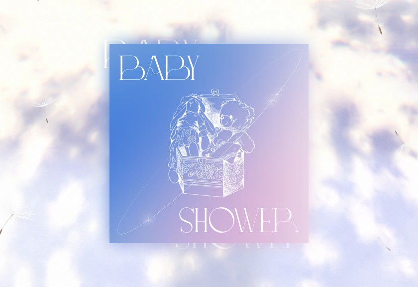 Dreamy baby shower invitation template with a cosmic blue background and illustrated baby carriage glowing under stars.