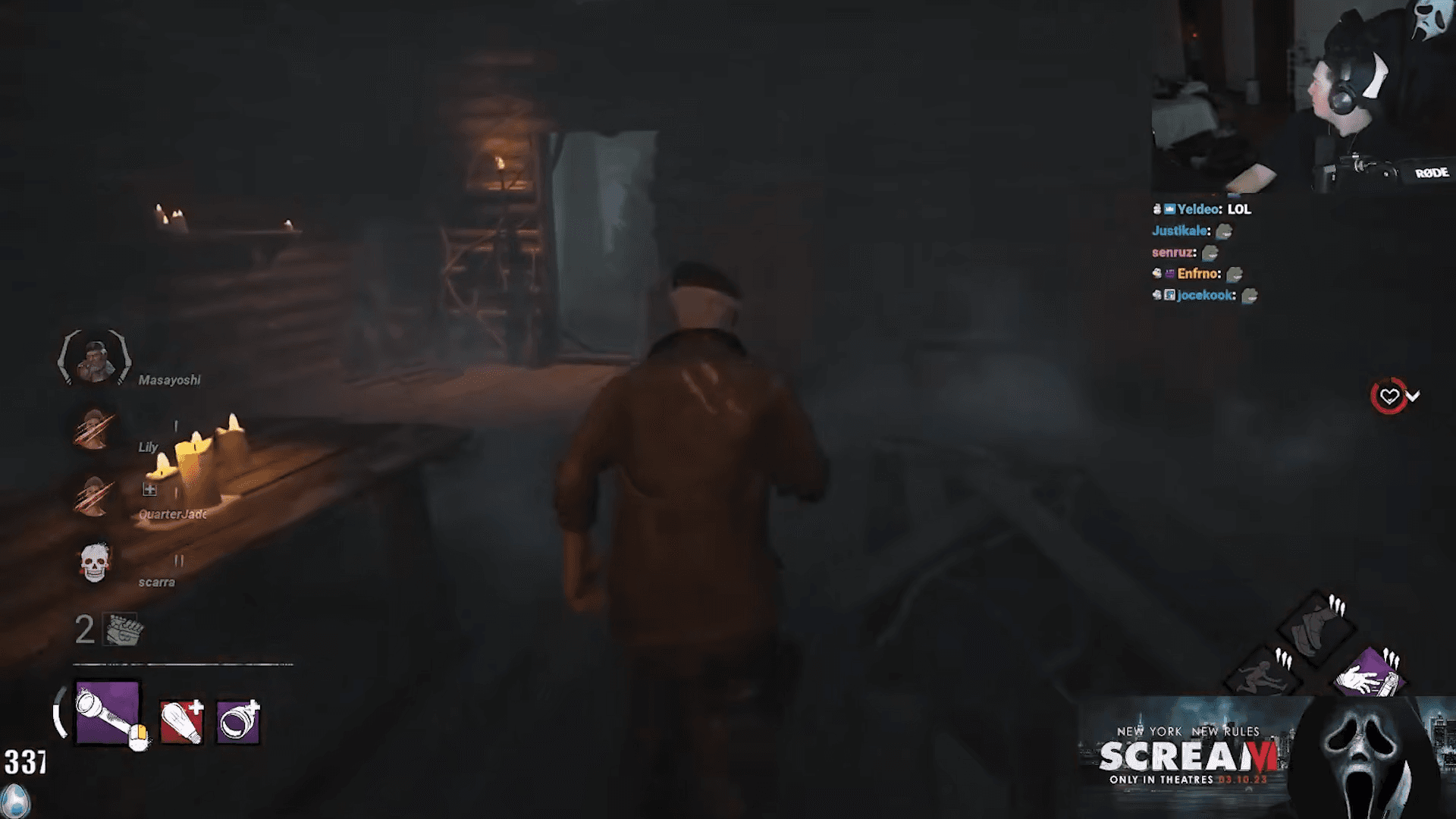 Brodin, in full Ghostface costume on webcam, closes in on Masayoshi mid-game in Dead by Daylight