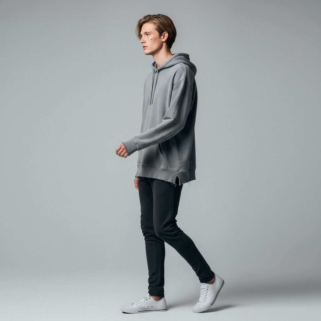 Character sheet for Soren Vance: a young man with swept back blond hair in a grey hoodie and black jeans