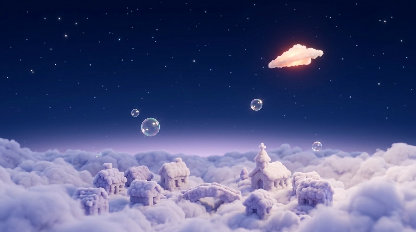 A village made of clouds under a starry night sky, with a small glowing cloud overhead