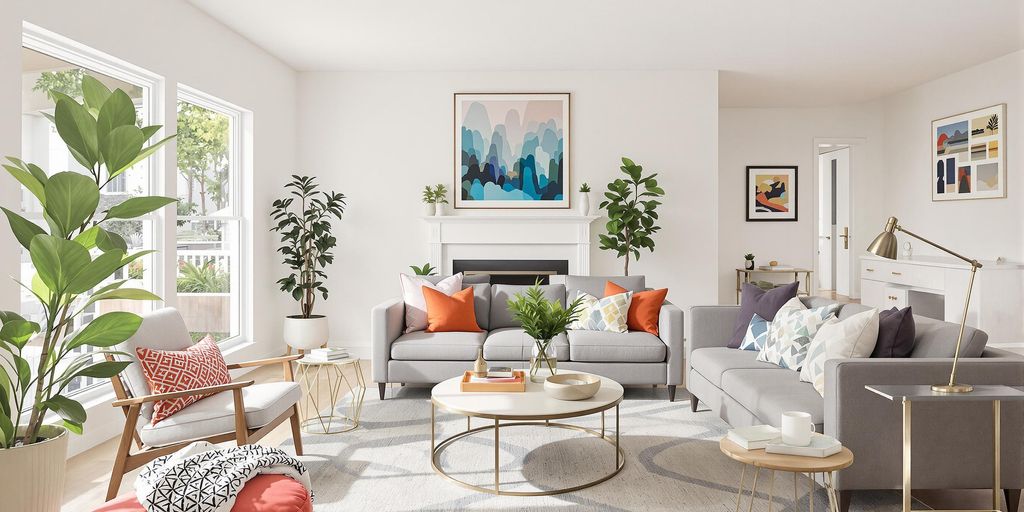 Modern staged living room showcasing vibrant furniture and decor.