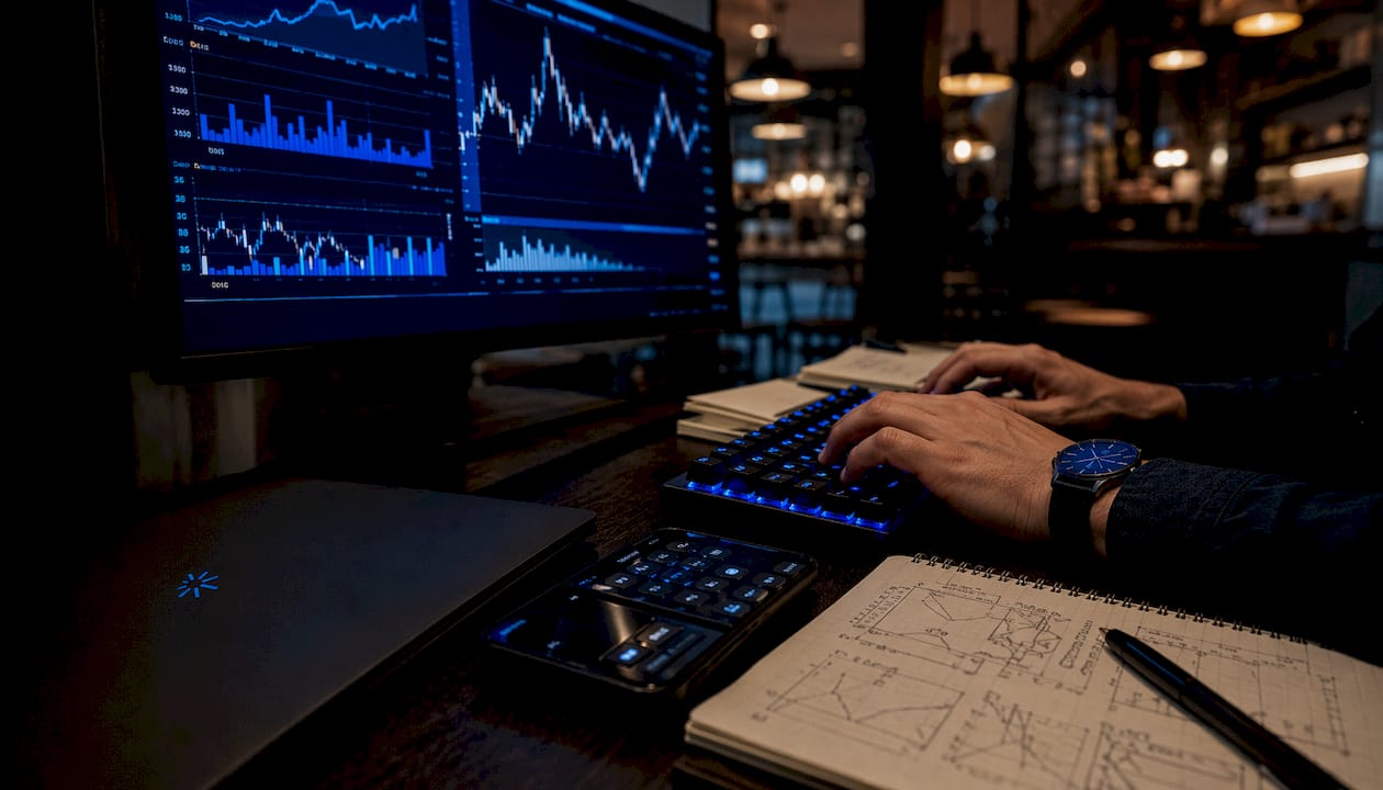 Overhead view of hands typing cross-venue data code