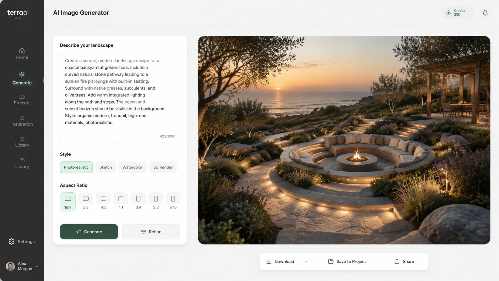 A digital interface displaying a high-end landscape design rendered by an AI generator in a coastal backyard.