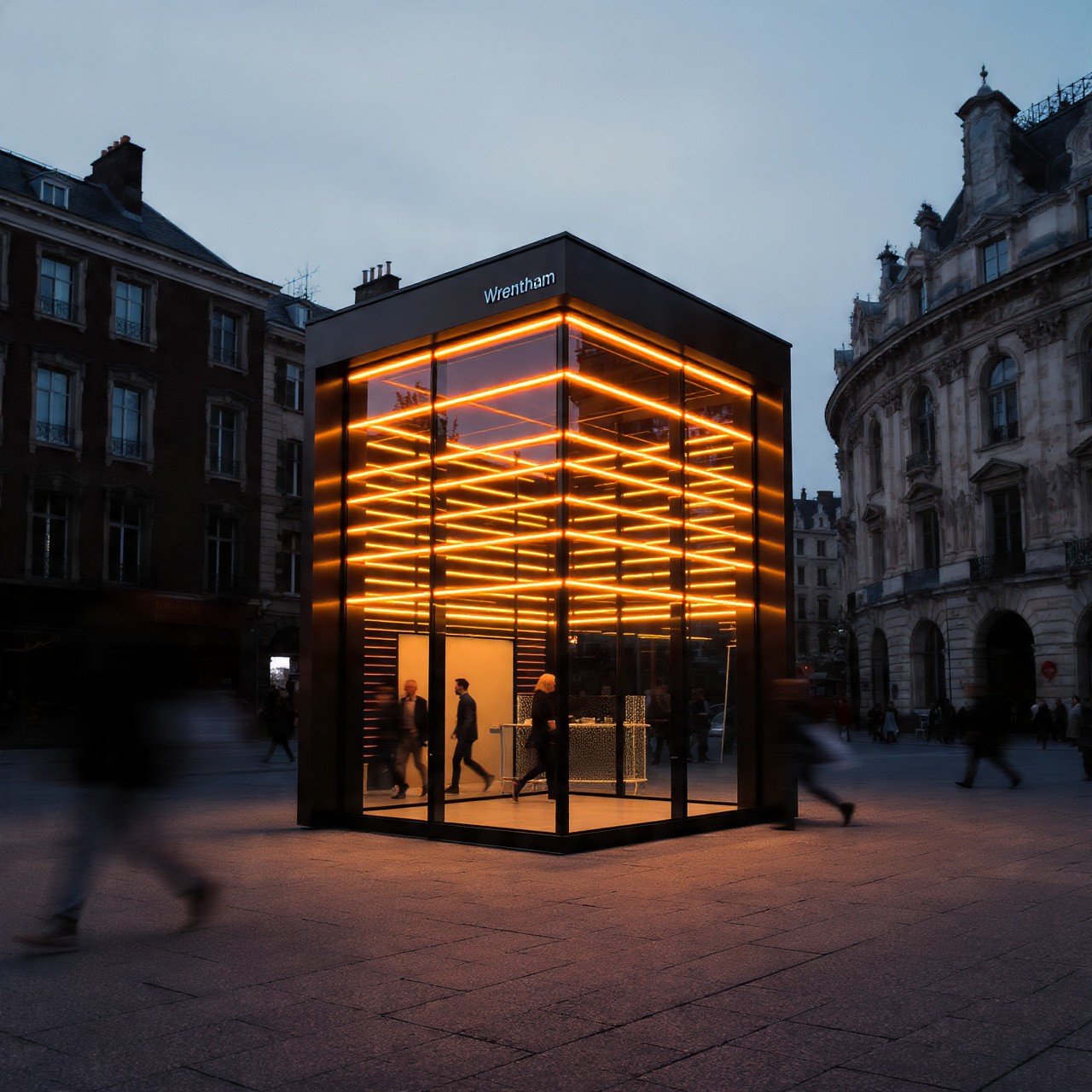 Modern glass cube structure with glowing orange neon lights in a dark town square.