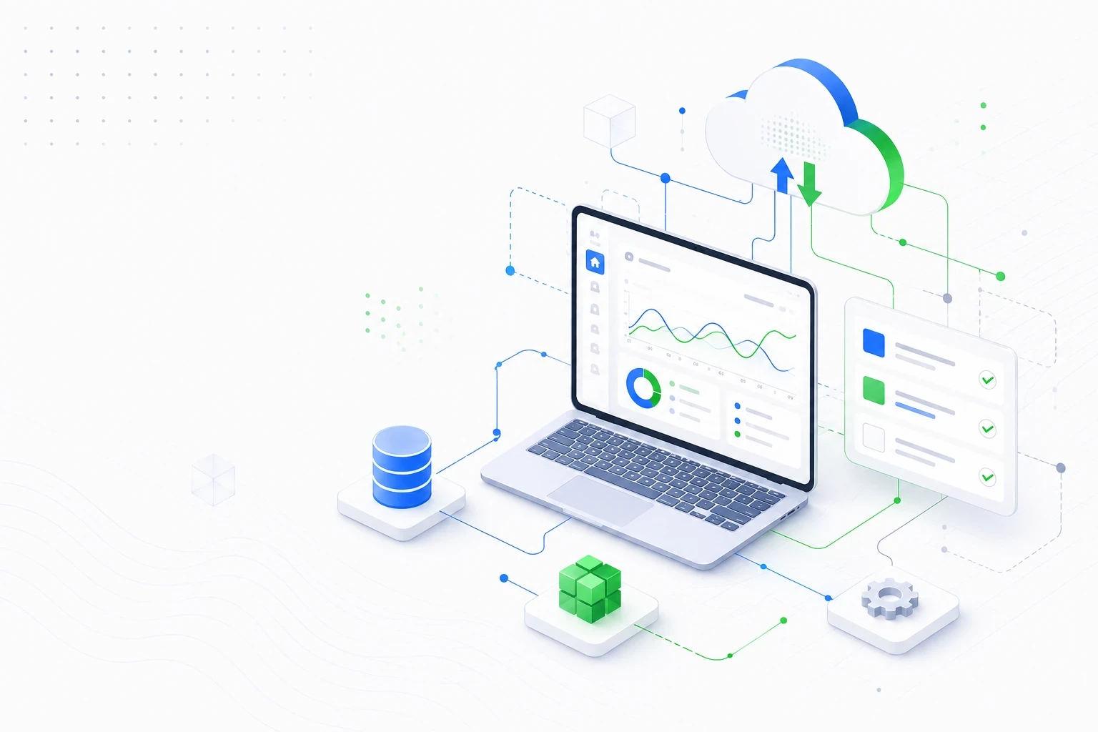 Illustration of a laptop dashboard linked to cloud, database and analytics icons