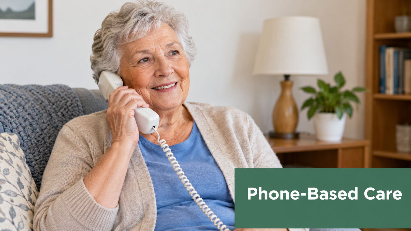An elderly woman with gray hair smiling while talking on a landline telephone in her cozy home.