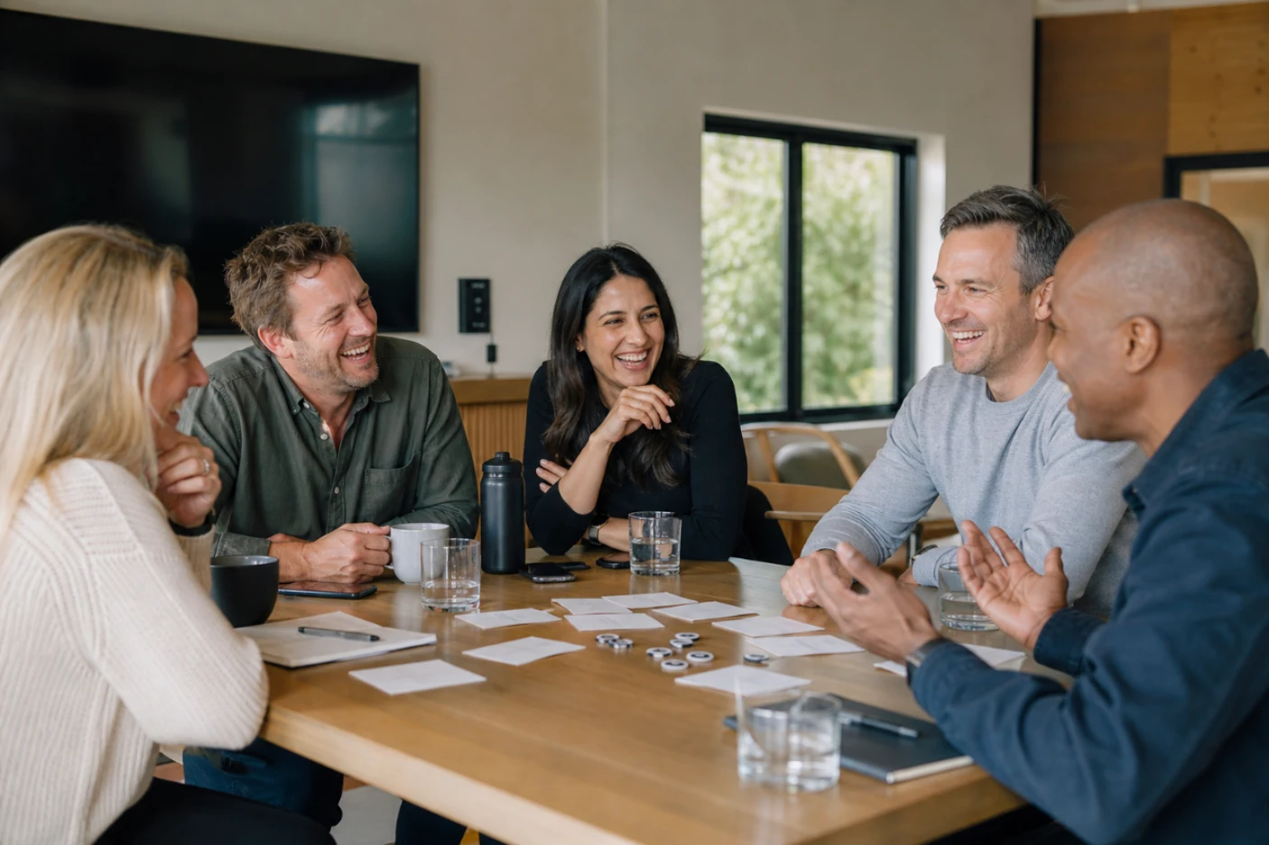 employees gathered together playing the leadership game