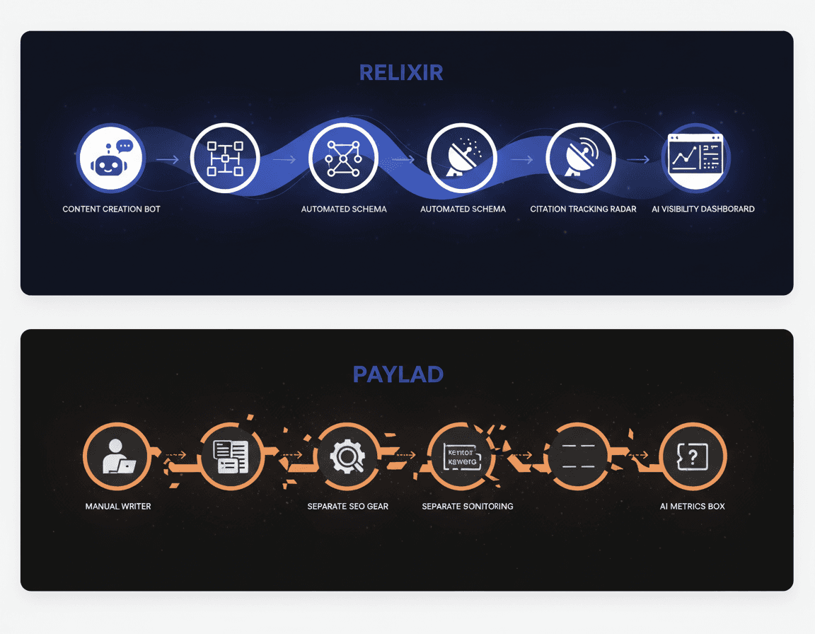 Dual pipeline diagram contrasting Relixir’s automated GEO workflow with Payload’s manual SEO process.