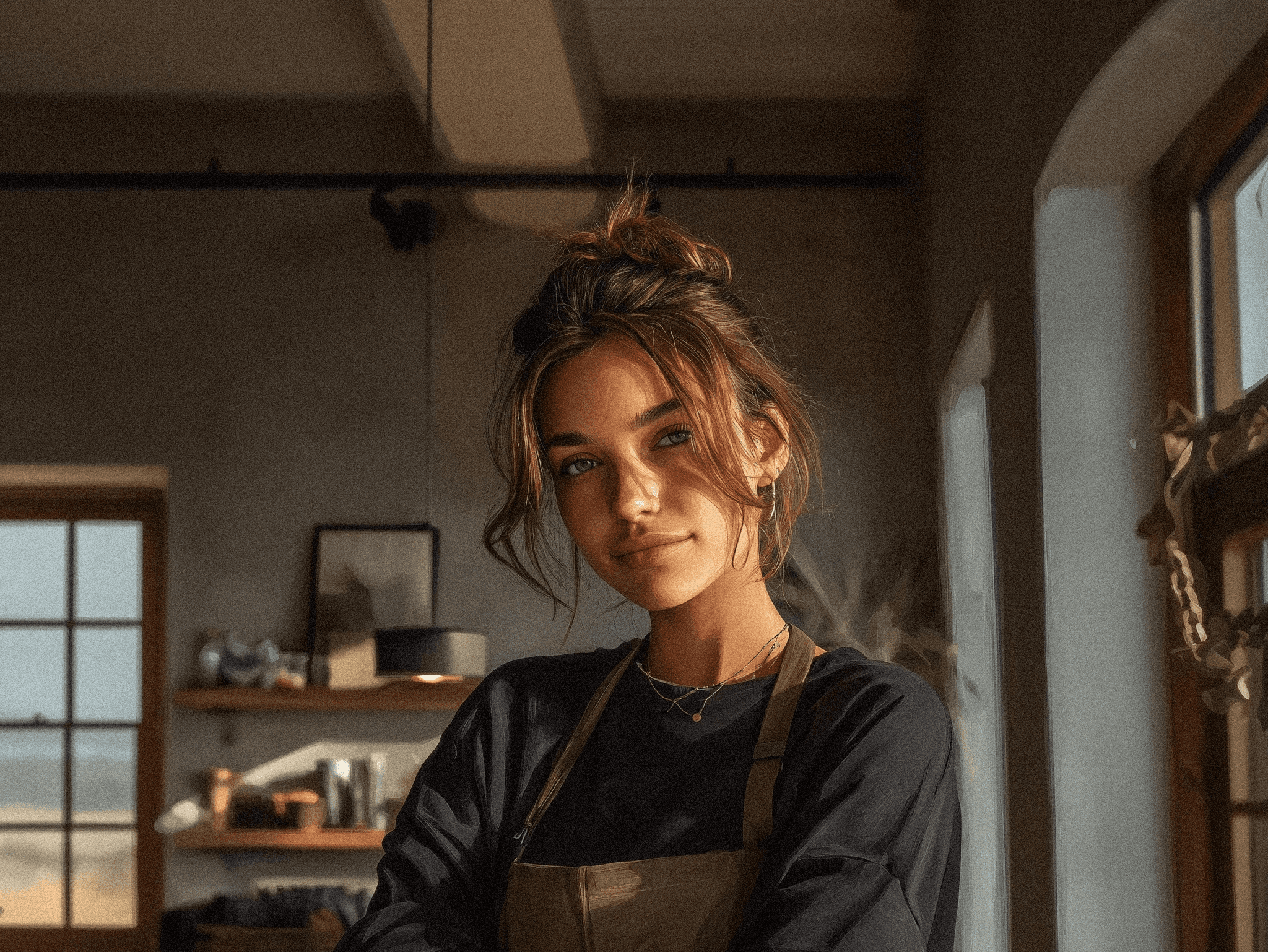 A photo of a young barista in a coffee shop. Candidate for a job, looking confidently in the camera.
