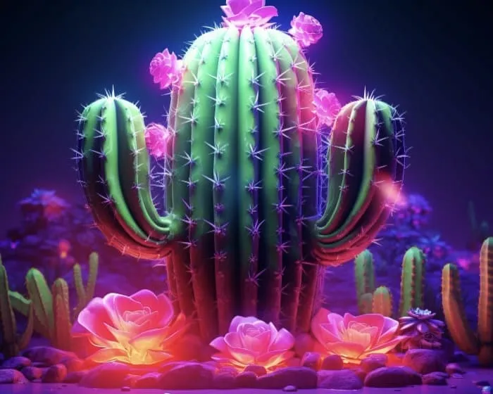 3d rendering of vibrant neon cactus in desert