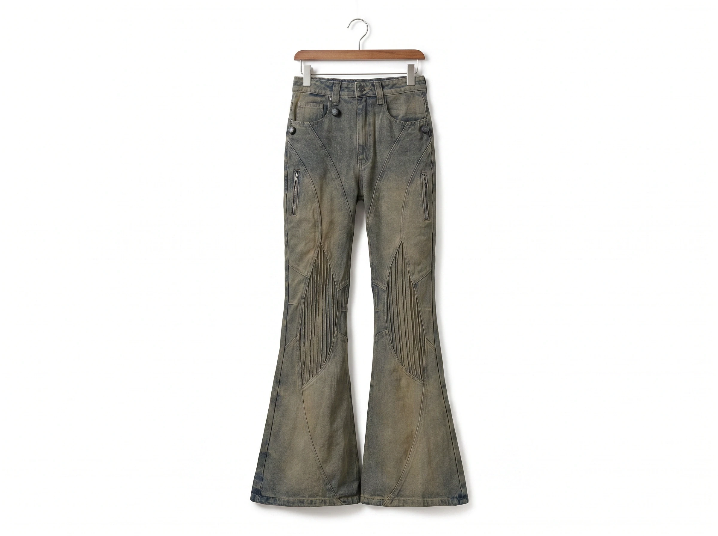 grey accordion moto jeans hanging on a hanger, white background, studio light.