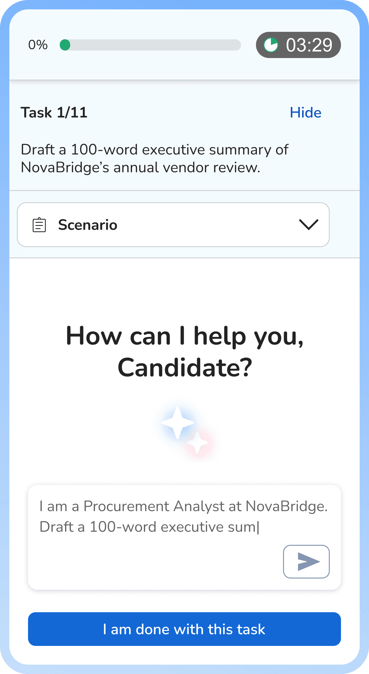 Screenshot of the welcome page of Bryq's scenario based AI Fluency assessment
