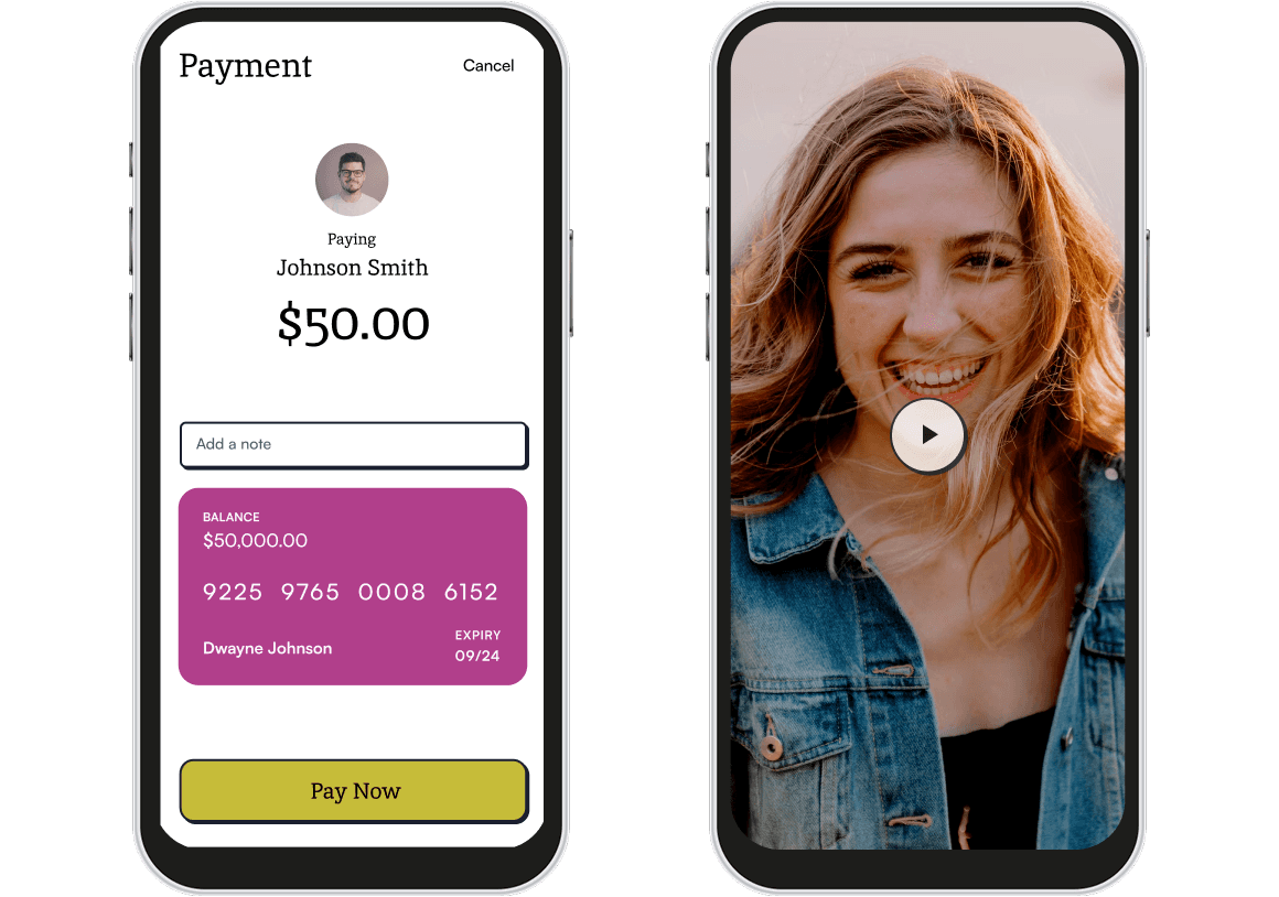 Phones Images Showing Paytime Payment Screen and a Video Message