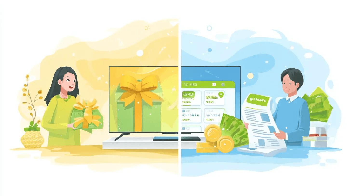 노란색 배경의 왼쪽에는 가전 선물을 받은 여성 일러스트가, 하늘색 배경의 오른쪽에는 요금 청구서와 동전을 든 남성 일러스트가 대비되어 혜택 유형을 비교하는 모습입니다.