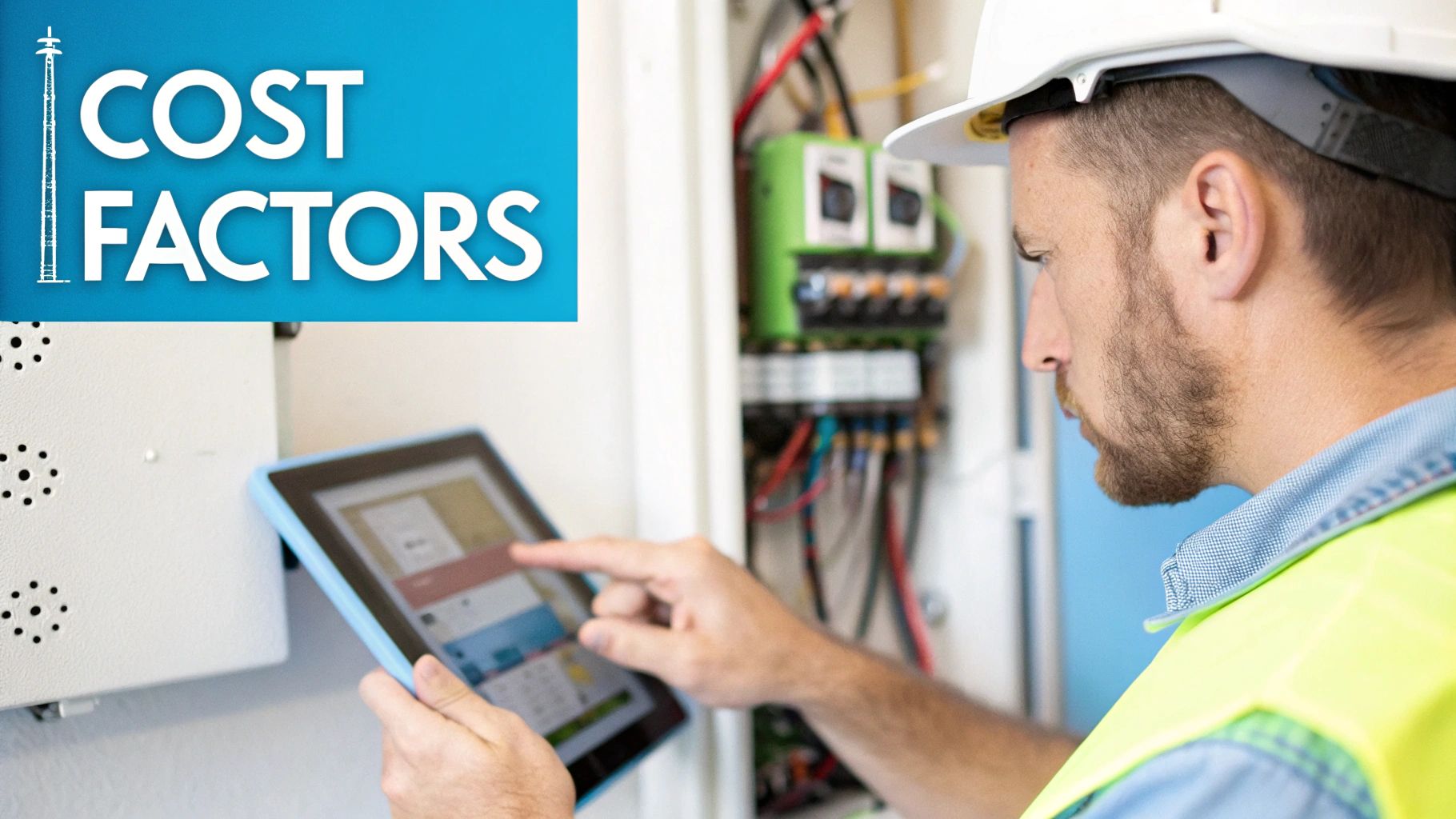 a blue text box displaying 'cost factors' with a electrician working on a tablet in the background