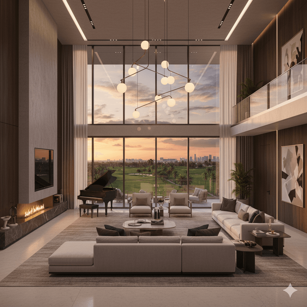 Spacious, exclusive penthouse living room interior with high-end finishes at M3M Mension