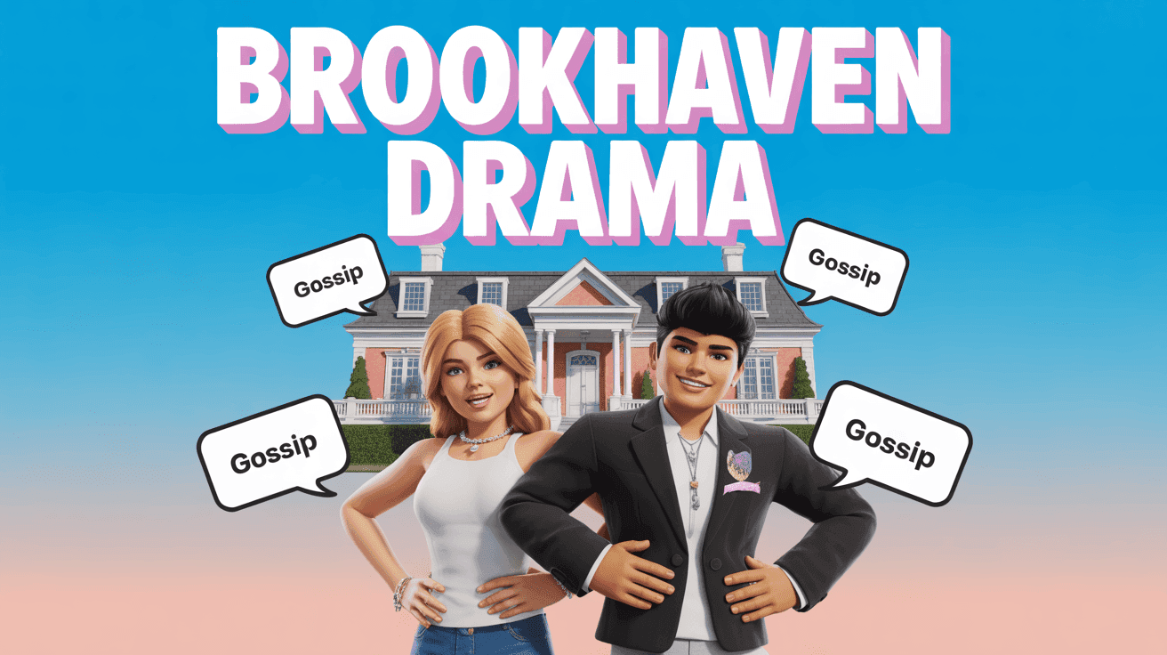 Stylish Roblox avatars posing before Brookhaven mansion with gossip chat bubbles and BROOKHAVEN DRAMA text