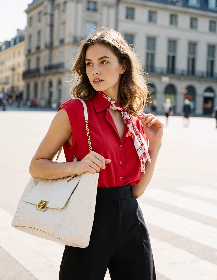 Fashion portrait featuring vibrant red sleeveless blouse with floral neck scarf, black pants, and white handbag against elegant Parisian architecture