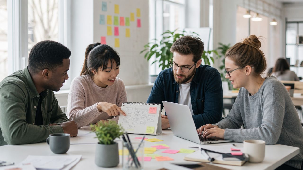 A diverse team of professionals collaborating on a design strategy project in a modern office space.