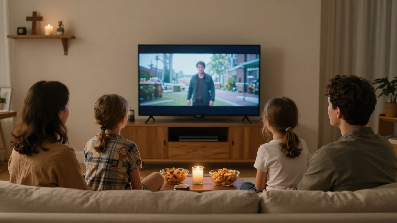 Family watching a thoughtful faith-based film together