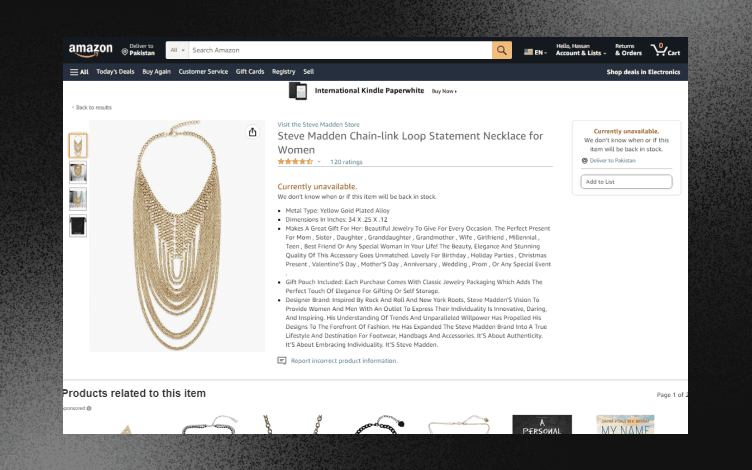 A screenshot of the Amazon website with a gold necklace as a product listing