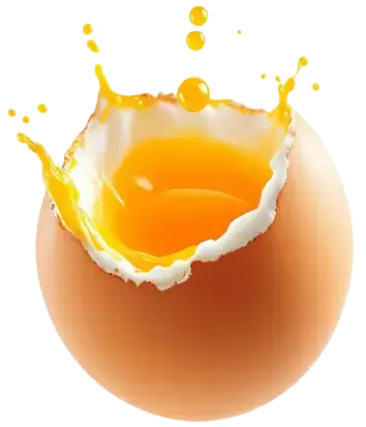 A brown egg with a cracked top, revealing a vibrant yellow yolk splashing dynamically, symbolizing fresh egg products.