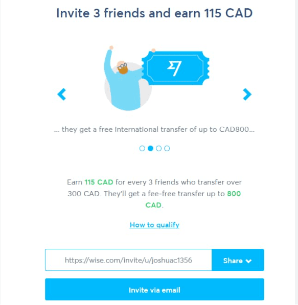 Wise referral program screen offering 115 CAD reward for inviting 3 friends