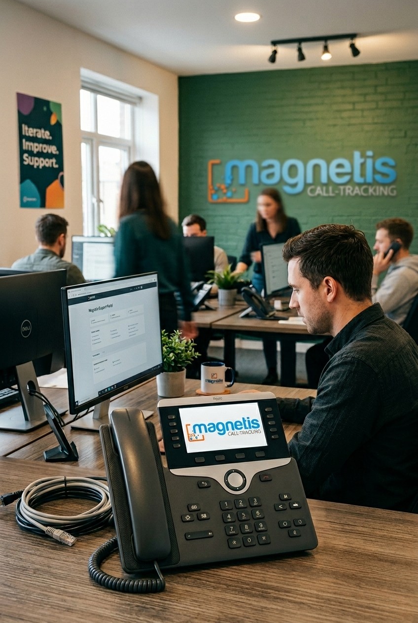 Équipe d'experts Magnétis dans leurs bureaux, illustrant le support technique et la FAQ pour accompagner les clients dans la gestion de leur call-tracking.