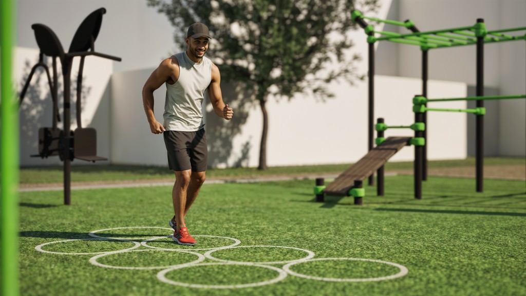 sporter gebruikt speedladder om zijn conditie te verbeteren