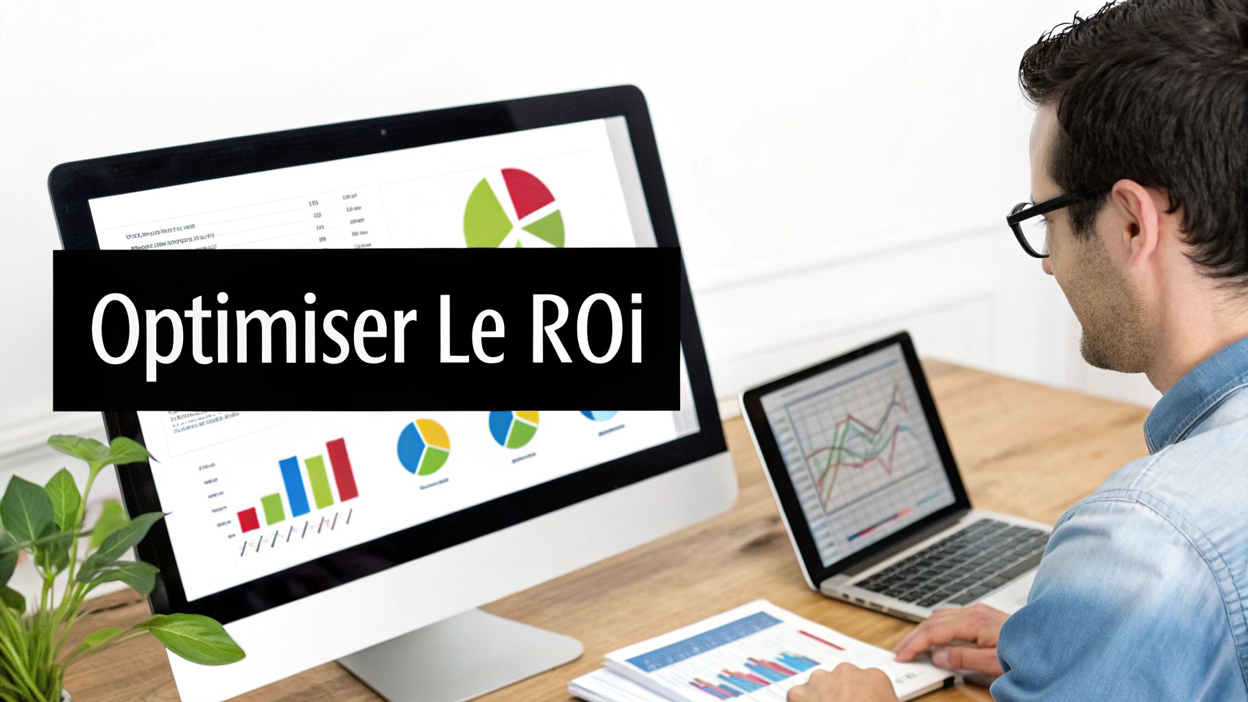 Un homme examine des graphiques et des données sur un grand écran d'ordinateur et un ordinateur portable, avec le texte 