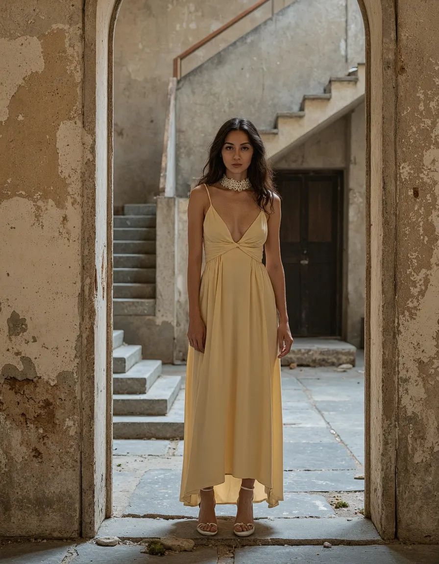 Fashion photograph featuring a flowing yellow dress against weathered stone architecture, with staircase elements creating depth and contrast.