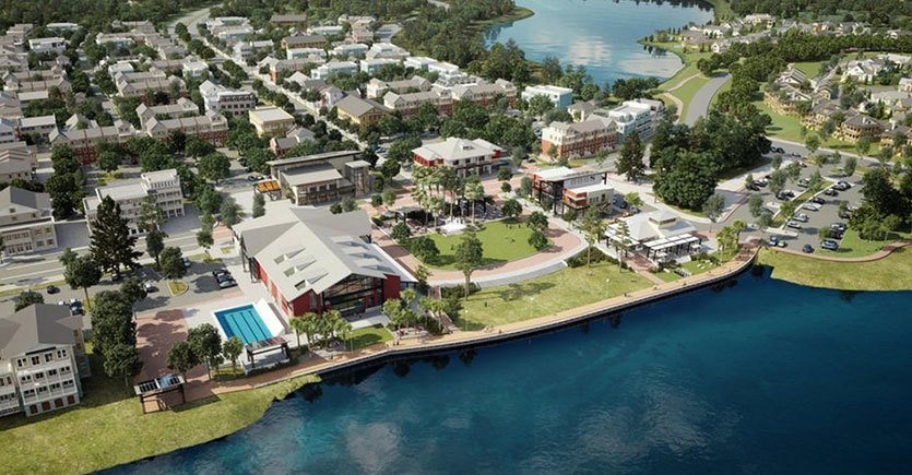 An aerial view of a city with a river running through it