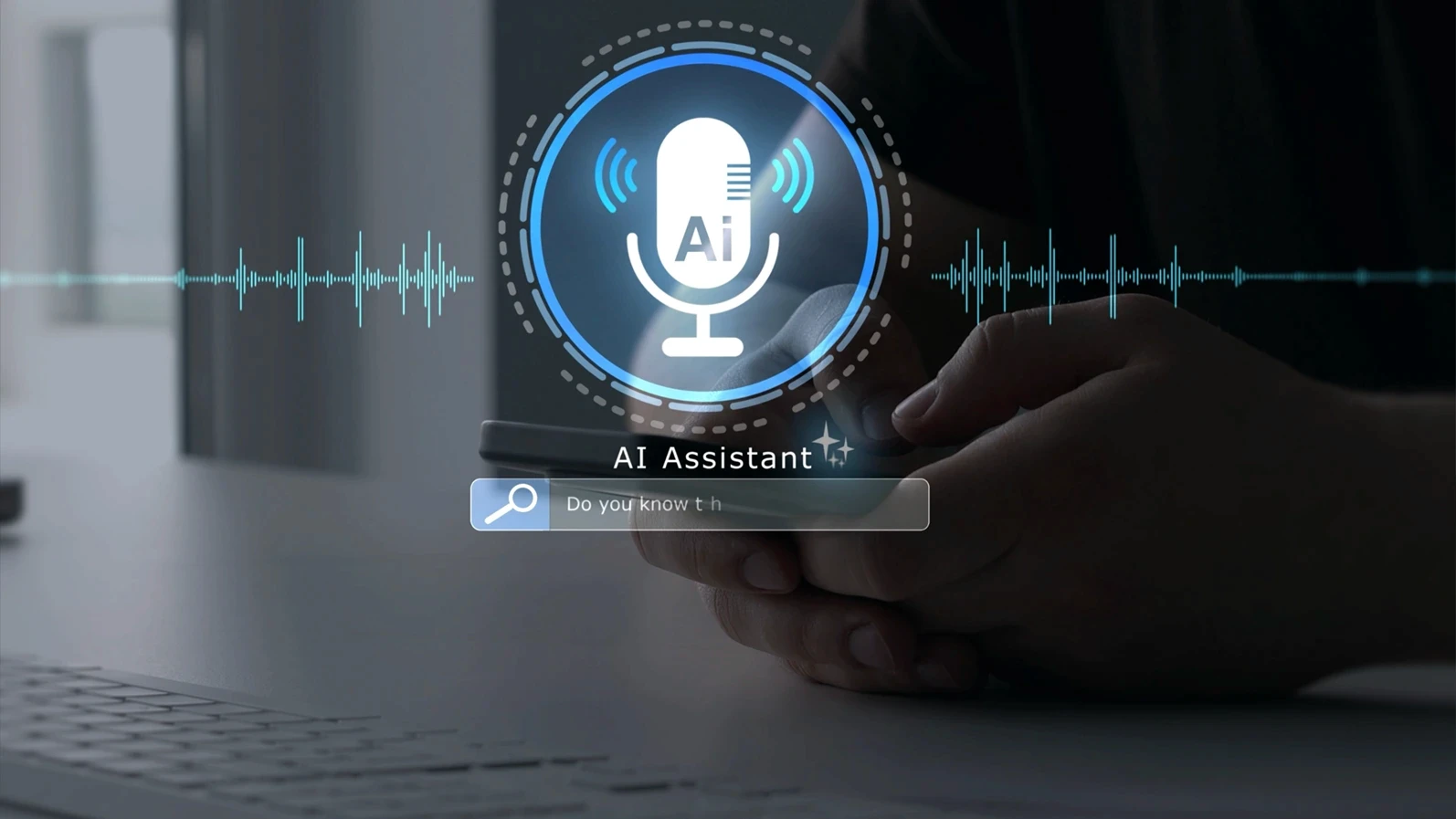 AI assistant voice chat interface. Digital communication, speech recognition, and smart technology enabling natural conversation.Person interacting through microphone with AI Agent voice chat