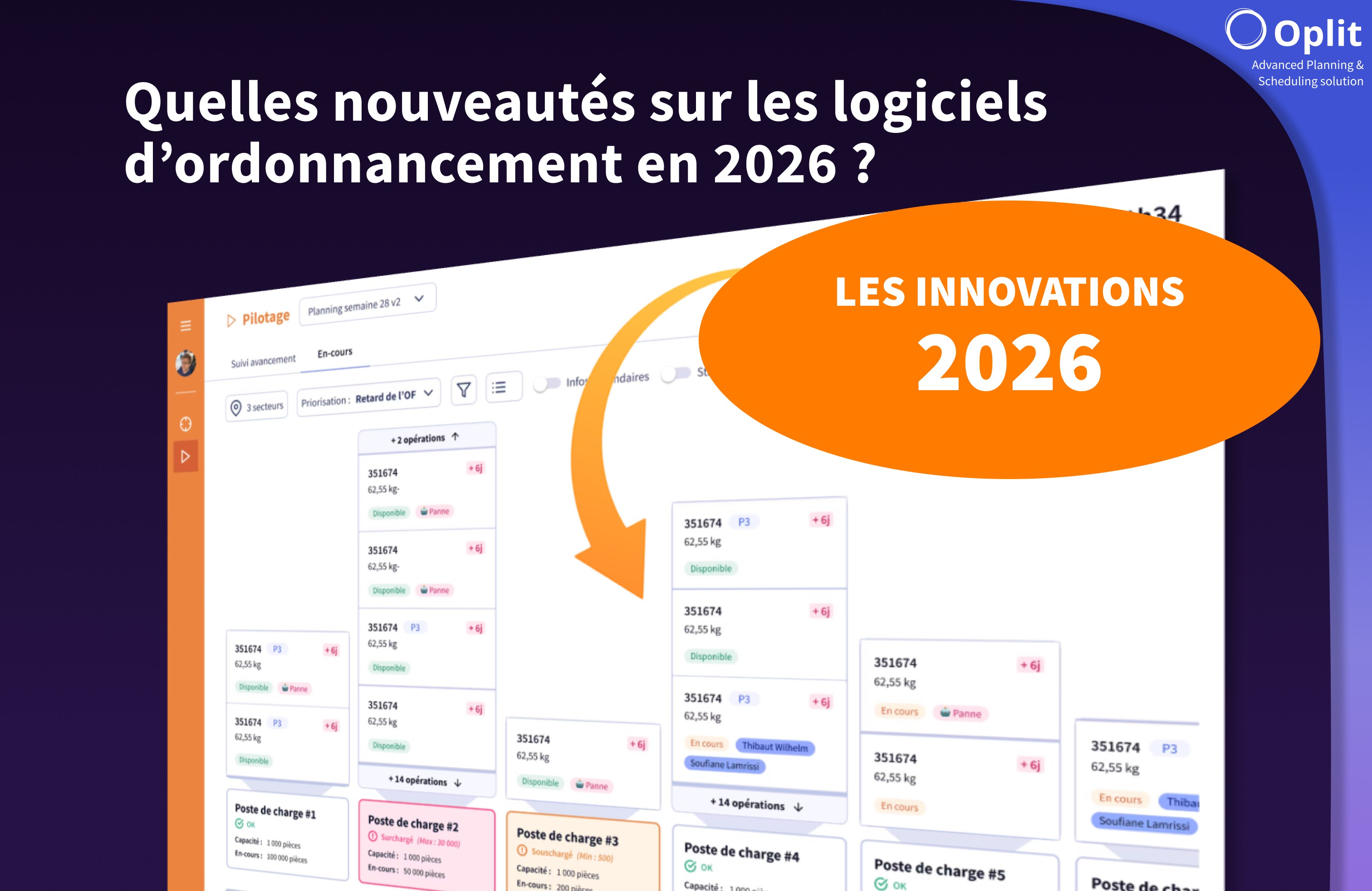 Interface moderne de logiciel d'ordonnancement de production 2026 avec intelligence artificielle et planification multi-scénarios en temps réel